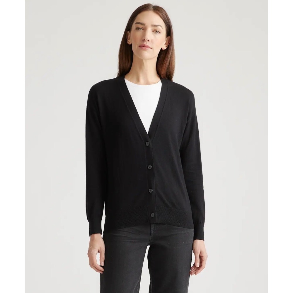 Quince Womens Black Lightweight Organic Cotton Cashmere V-Neck Cardigan S NEW